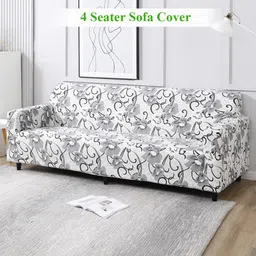 HOKIPO White & Black Printed Elastic Stretchable 4 Seater Sofa Cover With Arms-8