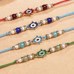 KARATCART Set Of 4 Hamsa Hand Evil Eye Design Kundan Rakhi for Brother with Roli & Chawal-11