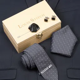 LOUIS STITCH Men Checkerd Italian Silk Necktie Accessory Gift Set-image-87