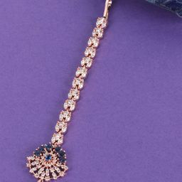 JEWELS GEHNA Navy Rose Gold-Plated CZ Stone-Studded Handcrafted Maang Tika-image-42