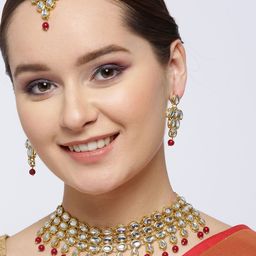 KARATCART Maroon Gold-Plated Kundan Studded & Beaded Handcrafted Jewellery Set-picture-47