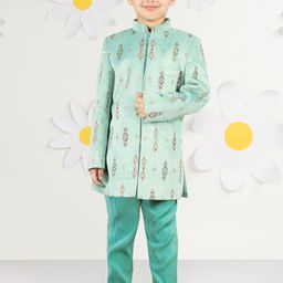 VASTRAMAY Boys Embroidered Velvet Woven Indo Western Sherwani Set-image-80