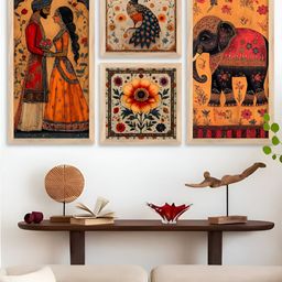 Kotart Brown, Red & Blue 4 Pieces Floral and Botanical Wooden Wall Arts-picture-19