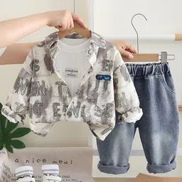 INCLUD Boys Typography Printed Round Neck T-shirt With Shirt & Denim Trousers-picture-34