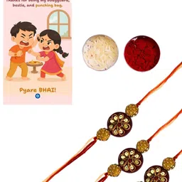 Anouk Set Of 3 Floral Rakhi With Roli Kumkum & Funny Card image 2