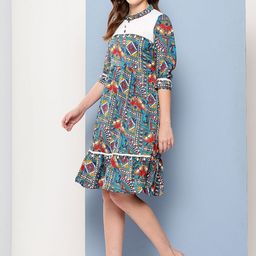 CORSICA Women Firozi Polyester Abstract Printed Dress-picture-4