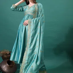 KALINI Floral Embroidered V-Neck Anarkali Kurta With Palazzos And Dupatta-picture-11