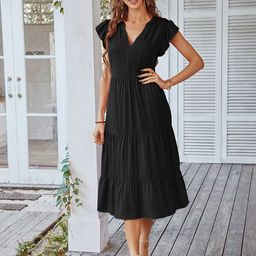 StyleCast Women Solid Flutter Sleeve A-Line Midi Dress-3