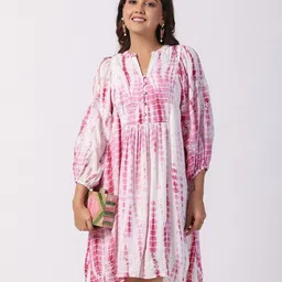 STIL O STITCH Tie and Dye Print Puff Sleeve Satin A-Line Dress-image-12