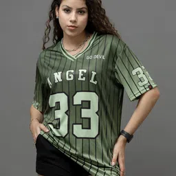 GO DEVIL Women Varsity Printed V-Neck Oversized T-shirt-image-96
