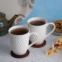 Aura White 2 Pieces Textured Glossy Ceramic Embossed Coffee Mugs 180ML-37