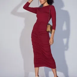 SASSAFRAS Ruched Bodycon Midi Dress-image-27