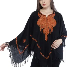 Exotic India Women Poncho from Kashmir with Aari Hand-Embroidered Paisleys on Neck-image-57
