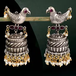 ATIBELLE German Silver-Plated Artificial Stones Studded And Beaded Bird Shaped Jhumkas-picture-44