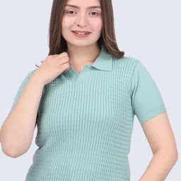 FEVERFEW Striped Self Design Shirt Collar Short Sleeves Cotton Top-18