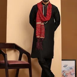 SKAVIJ Men Ethnic Motifs Embroidered Regular Thread Work Dupion Silk Kurta with Churidar & With Dupatta-picture-3