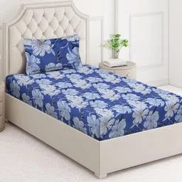 Arrabi Blue & White Floral 350 TC Single Bedsheet with 1 Pillow Covers-image-83
