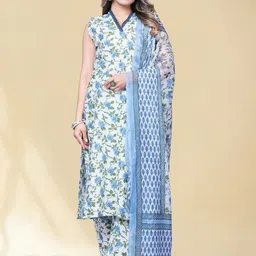 Anouk Floral Printed V-Neck Straight Kurta With Trousers & Dupatta-picture-3