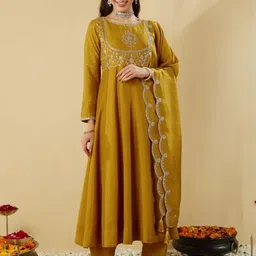 URMIR FASHION Women Mustard Ethnic Round Neck Long Sleeves Straight Heavy Kurta Set-picture-17