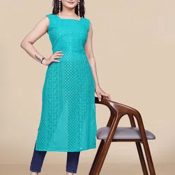 PARROT CREATION Paisley Chikankari Sequinned Square Neck Sleeveless Georgette Kurta-image-64