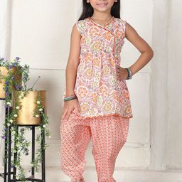 Cutiekins Girls Floral Printed V-Neck Gotta Patti A-Line Kurta With Dhoti Pants-picture-28