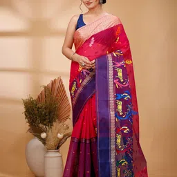 PuJoy Woven Design Ethnic Motifs Zari Pure Cotton Taant Saree-picture-34