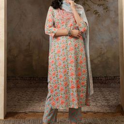 BANDIA Women Floral Printed Cotton Kurta with Trousers & Dupatta-image-76
