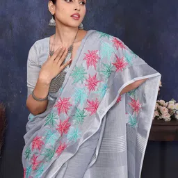 ALAGINI Floral Embroidered Pure Linen Saree-image-21