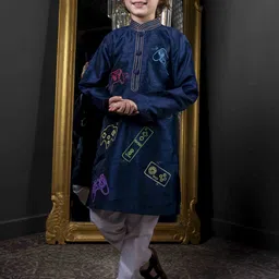 HOITY MOPPET Boys Printed Mandarin Collar Cotton Silk Kurta With Churidar-picture-17