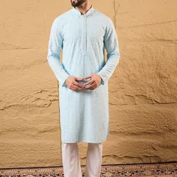 House of Pataudi Embroidered Thread Work Mandarin Collar Straight Kurta-image-9