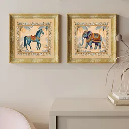 Art Street Blue & Beige 2 Pieces Mughal Floral Wooden Wall Art-image-41