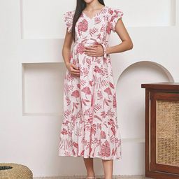 Frempy Women Maternity Floral Printed Organic Cotton Fit & Flare Maxi Dress-picture-45