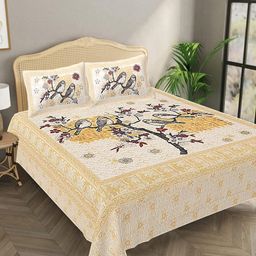 Bombay Spreads Yellow & Grey Floral Pure Cotton144 TC King Bedsheet with 2 Pillow Covers-image-30