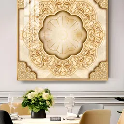 THE NEXT DECOR Gold-Colored & Beige Ornate Masterpiece Glass Finish Square Wall Art-picture-34