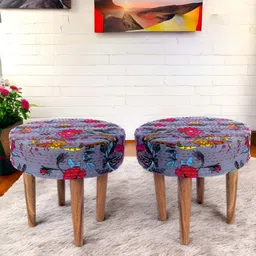 Ikiriya 2-Pcs Grey & Pink Round Wooden Stool with Printed Kantha Upholstery-16