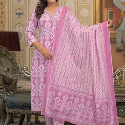 AARDRAA Women Abstract Printed Cotton Kurta with Trousers & Dupatta-16