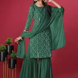PARROT CREATION Floral Embroidered Georgette Straight Kurta With Sharara & Dupatta-image-64