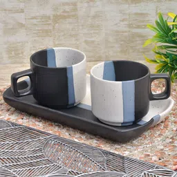 FABINALIV Black & White 3 Pieces Printed Ceramic Matte Cups 120ml With Tray-23