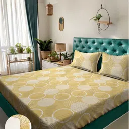 Arrabi Mustard & Off White Geometric 300 TC King Bedsheet with 2 Pillow Covers-11