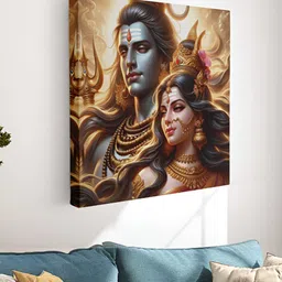 Myntra Elegant Homes Grey & Peach Coloured Lord Shiva & Parvati Canvas Wall Painting-50