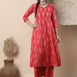 FASHOR Ikat Woven-Design Cotton V-Neck Tunic With Palazzos Co-Ords-image-50