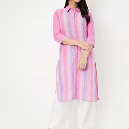 max Striped Embroidered Thread Work Shirt Collar Straight Cotton Kurta-23