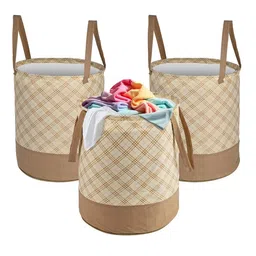 Kuber Industries Cream 3 Pieces Checked Foldable Laundry Bags 45 L Each-3