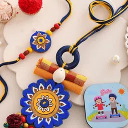CraftVatika Set Of 2 Brother & Bhabhi Terracotta Rakhi With Fridge Magnet Gift Set-27