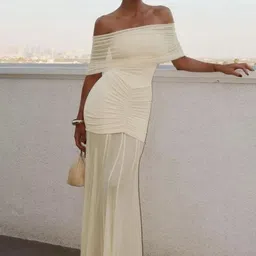 Alamode By Akanksha Women White Cosmic Off- Shoulder Ruched Maxi Dress-image-79