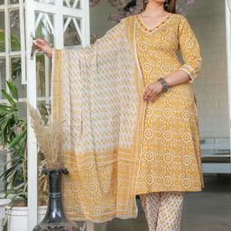 SINGNI Floral Printed Thread Work Pure Cotton Straight Kurta with Trouser & Dupatta-13
