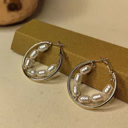RaasRani Stainless Steel Gold-Plated Pearls Beaded Circular Hoop Earrings-3