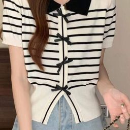 KPOP Shirt Collar Striped Cotton Top-image-21