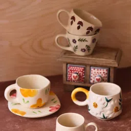 WEAVING HOMES White & Yellow 6 Pieces Floral Printed Ceramic Glossy Cups 220ml-21