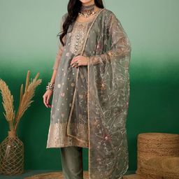 SAINOOR Floral Woven Design Organza Zari Semi-Stitched Dress Material-image-80
